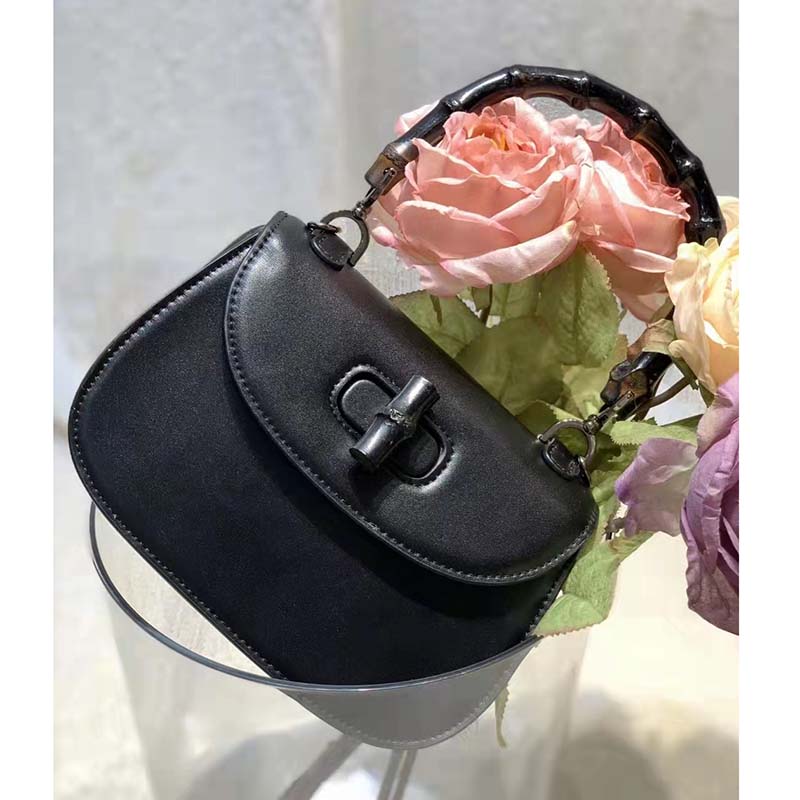 Gucci Women GG Small Top Handle Bag Bamboo Black Leather