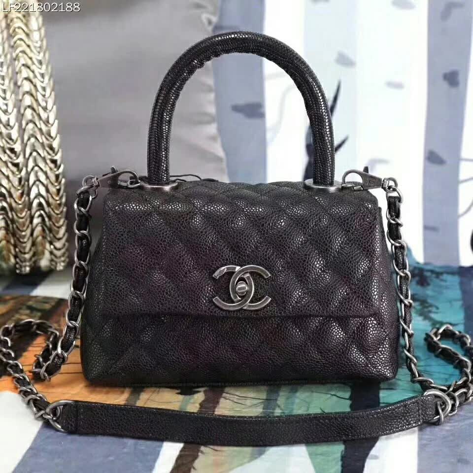Chanel Coco Caviar Lizard Quilted Mini Flap Bag with Top-Handle-Black