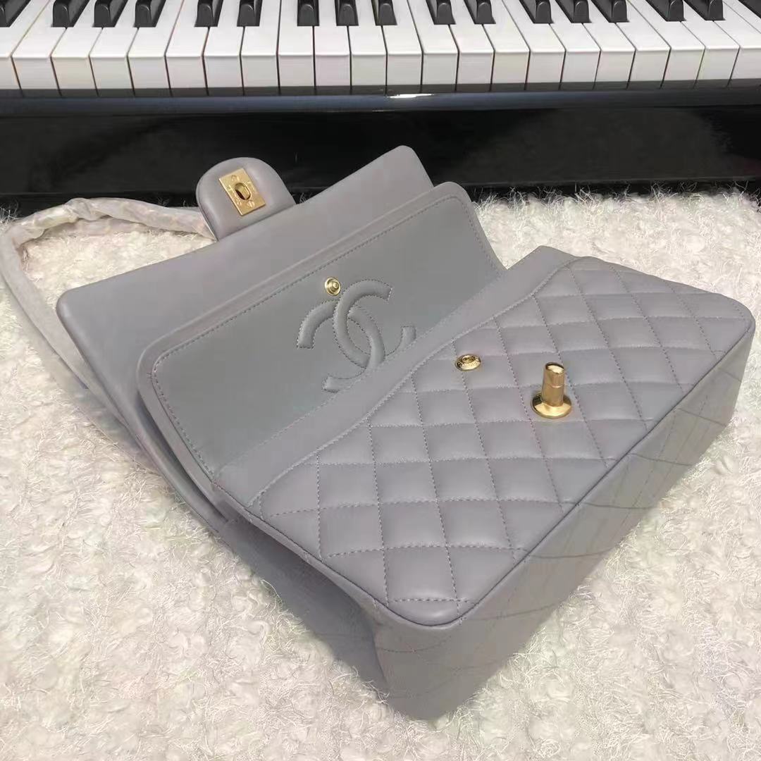 Chanel Women CC Large Classic Handbag Lambskin Gold-Tone Metal Dark Gray