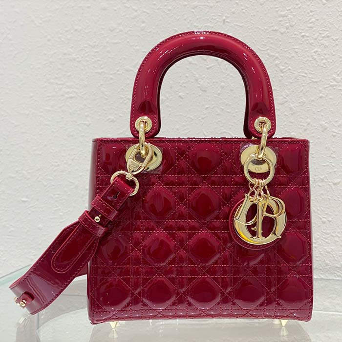 Dior Women Small Lady Dior Bag Cherry Red Patent Cannage Calfskin