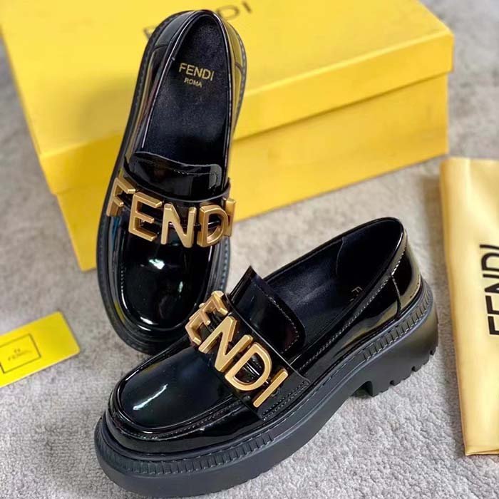 Fendi Women FF Fendigraphy Black Leather Loafers 5 Cm Heel