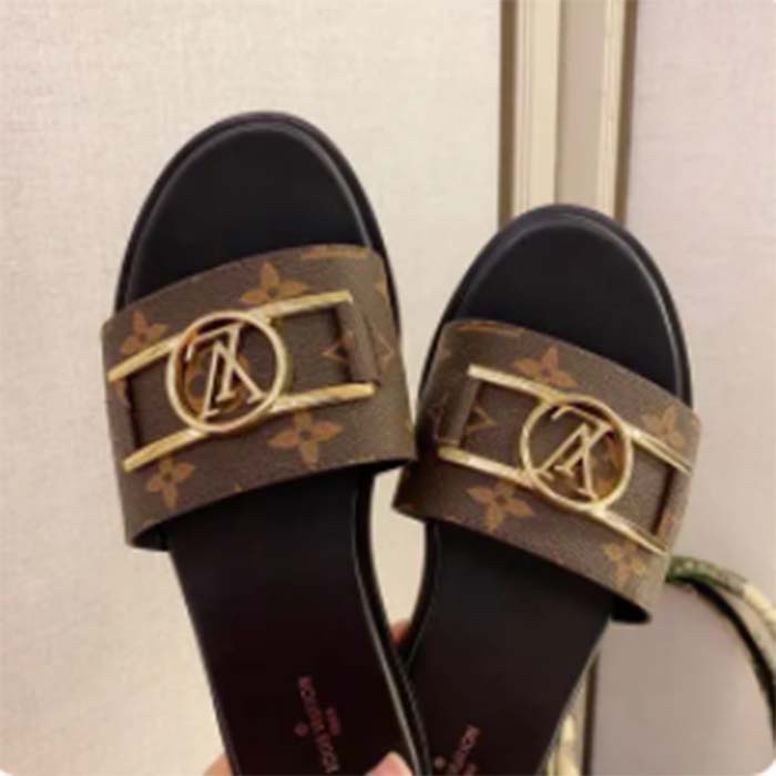 Louis Vuitton LV Women Lock It Flat Mule Brown Patent Monogram Canvas Leather