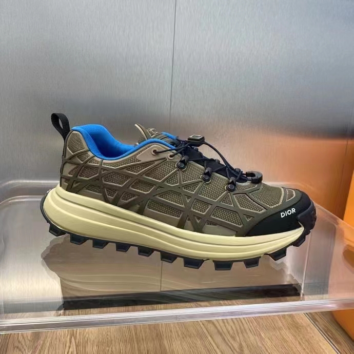 Dior Unisex Shoes CD B31 Runner Sneaker Brown Technical Mesh Khaki Rubber Warped Cannage