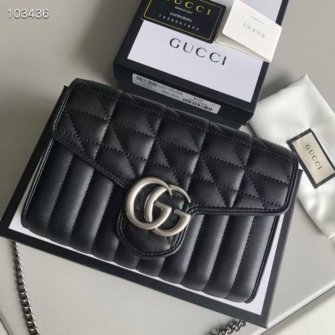 Gucci Women GG Marmont Matelassé Mini Bag Black Leather Double G