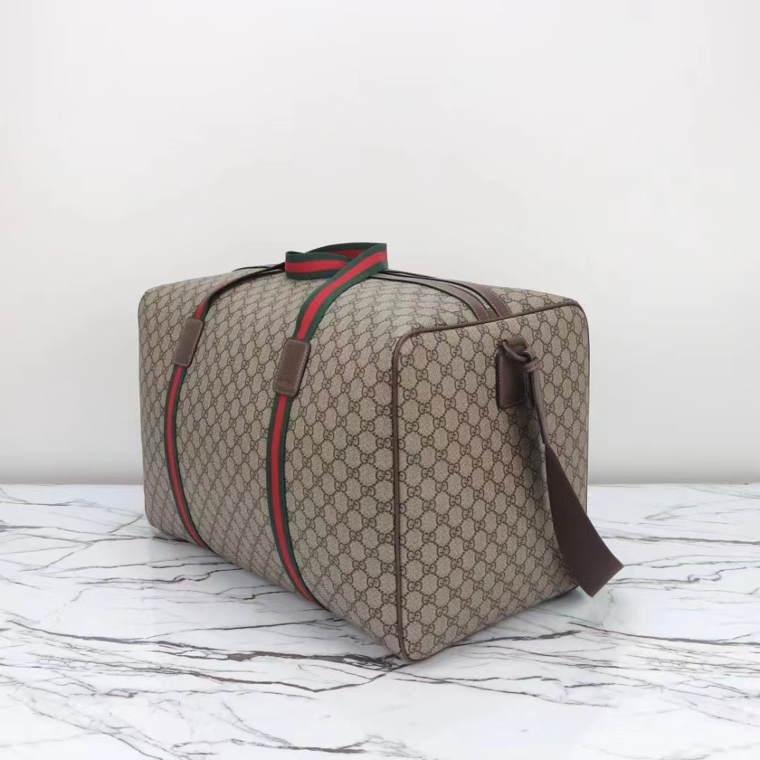 Gucci Unisex Maxi Duffle Bag Web Beige Ebony Soft GG Supreme Zip Closure