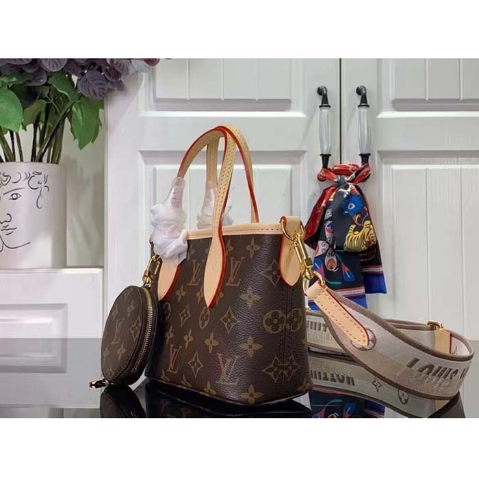 Louis Vuitton LV Women Neverfull BB Beige Monogram Coated Canvas Natural Cowhide Leather