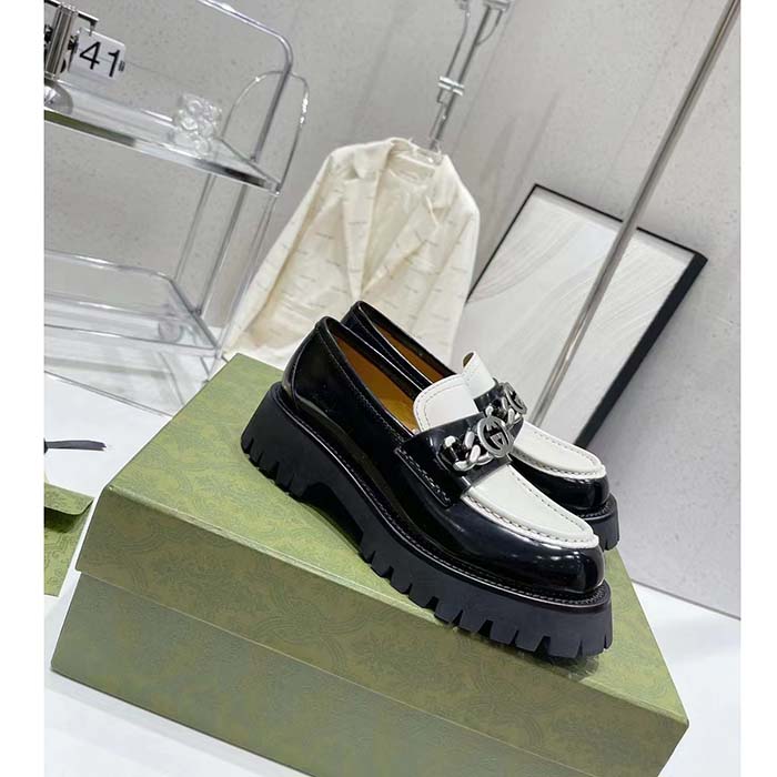 Gucci Women GG Interlocking G Chain Loafer Black White Leather Lug Rubber Sole Flat