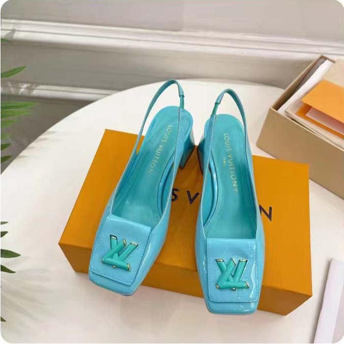 Louis Vuitton LV Women Shake Slingback Pump Blue Patent Calf Leather Lambskin 5.5 Cm Heel