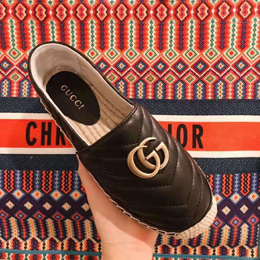Gucci Women Leather Espadrille with Double G in Matelassé Chevron Leather-Black