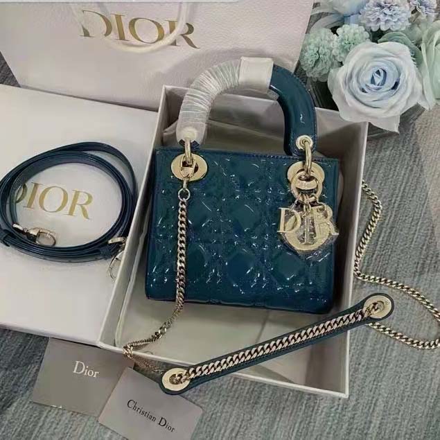 Dior Women Mini Lady Dior Bag Bright Blue Patent Cannage Calfskin