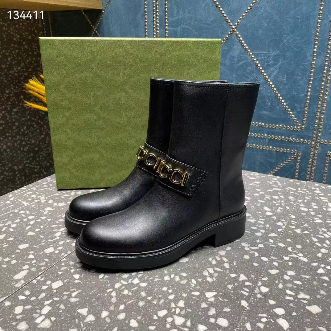 Gucci Women GG Gucci Boot Black Leather Rubber Sole Mid 8.9 CM Heel