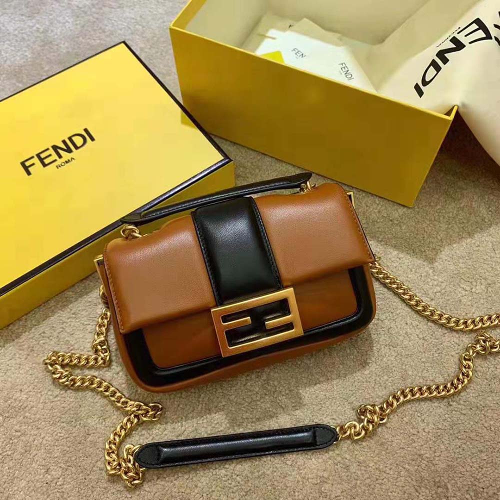Fendi Women Mini Baguette Chain Brown and Black Nappa Leather Bag