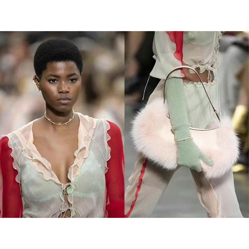 Fendi Women FF O’Lock Swing Pale Pink Leather Fox Fur Pouch