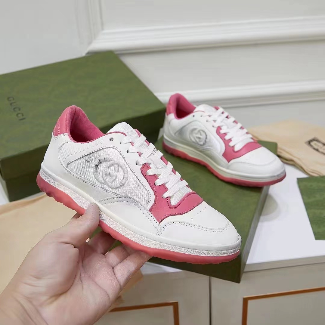 Gucci Unisex GG MAC80 Sneakers Off White Pink Leather Round Toe Rubber Flat