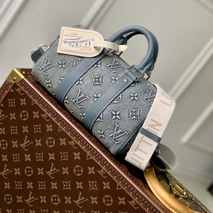 Louis Vuitton LV Unisex Keepall Bandoulière 25 Monogram Washed Denim Canvas Cowhide Leather