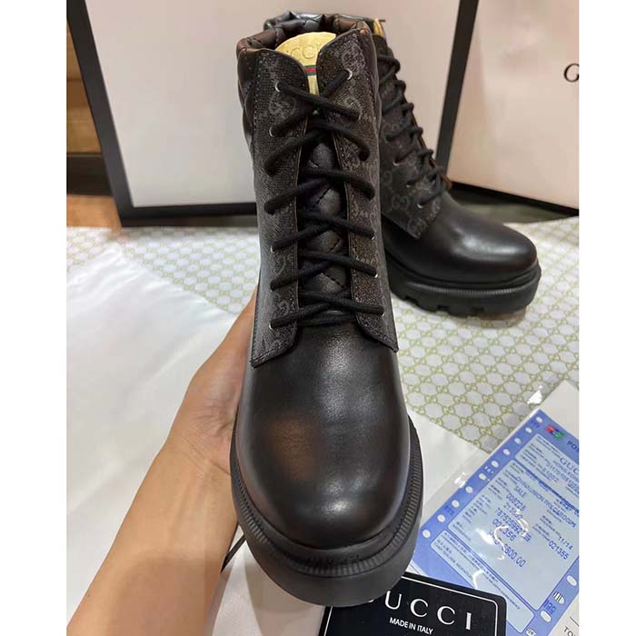 Gucci Women Ankle Boots Black GG Supreme Canvas Rubber Lace-Up High Heel