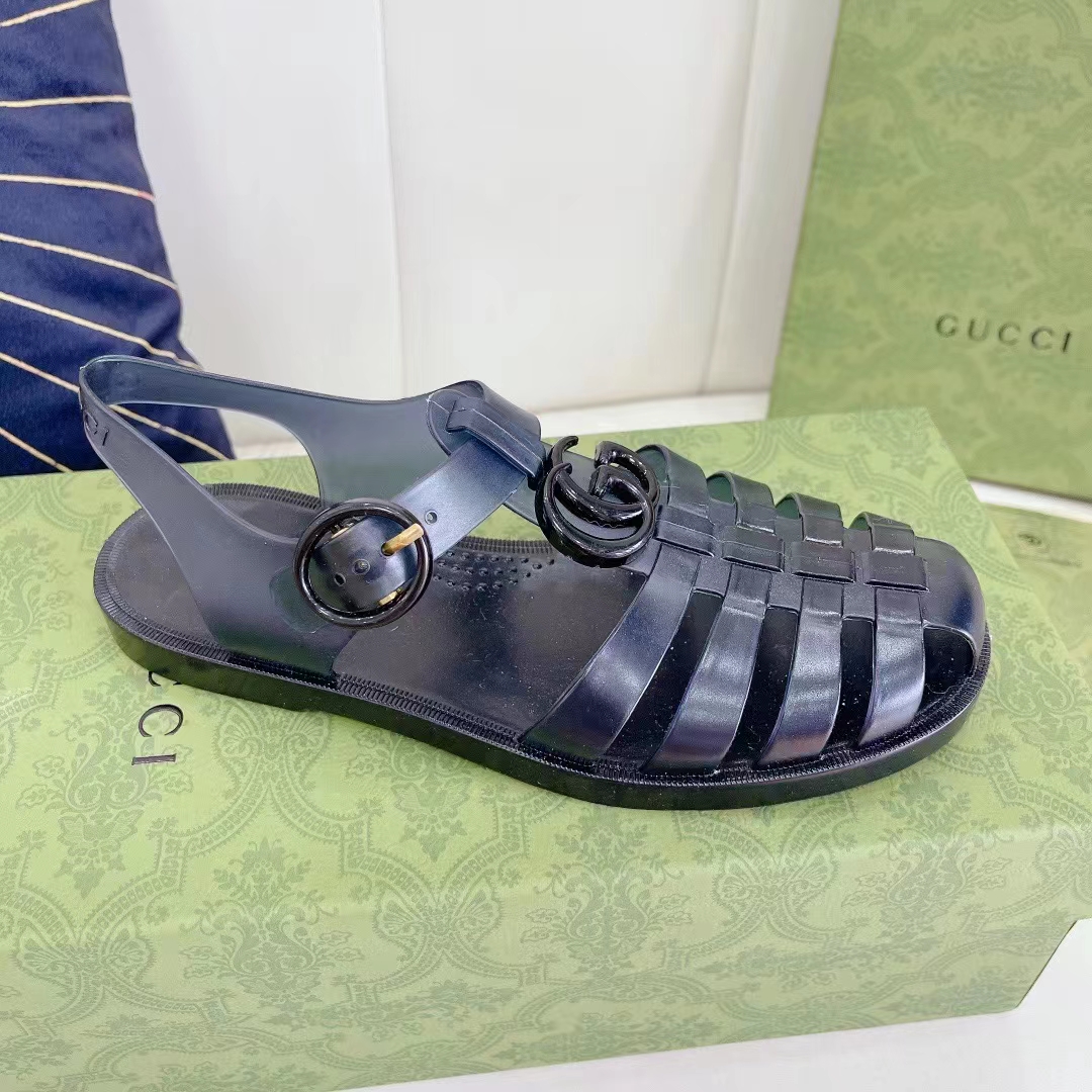 Gucci Unisex GG Sandal Double G Black Rubber Sole Ankle Buckle Flat