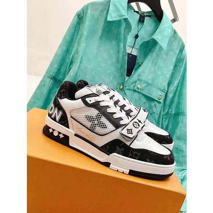 Louis Vuitton LV Unisex Trainer Sneaker Black Monogram Denim Rubber Outsole Monogram Flowers