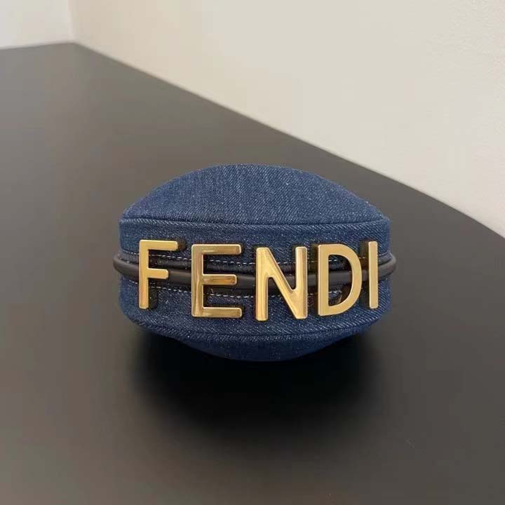 Fendi Women FF Nano Fendigraphy Hobo Bag Blue Denim Charm