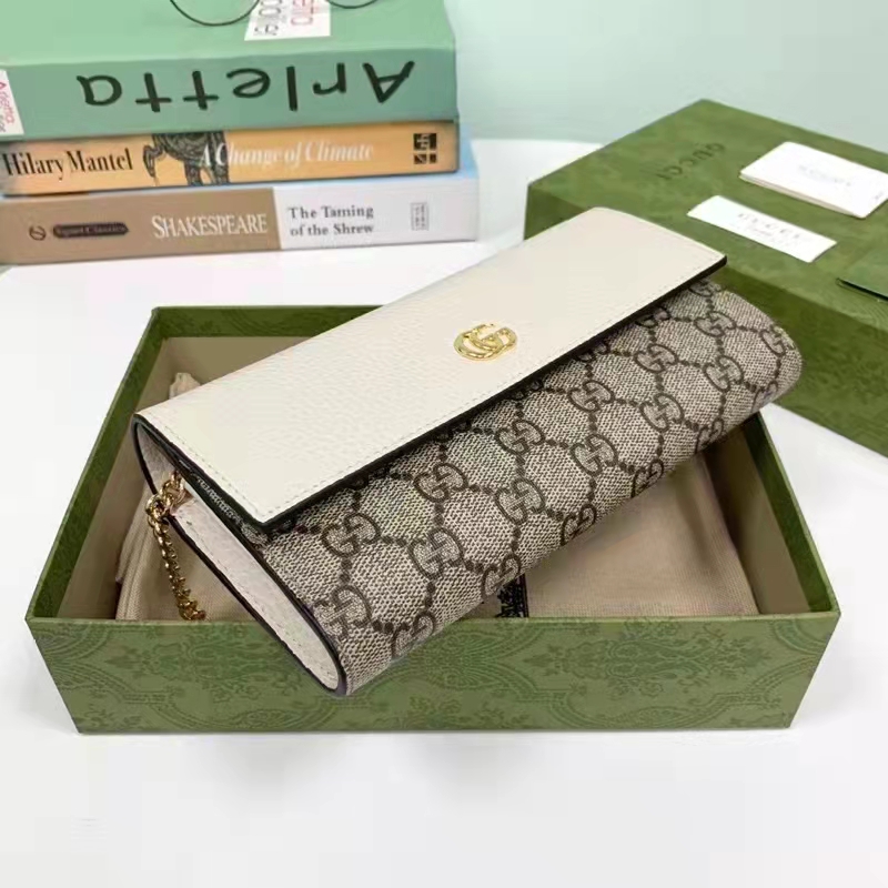 Gucci Women GG Marmont Chain Wallet White Beige Ebony GG Supreme Canvas