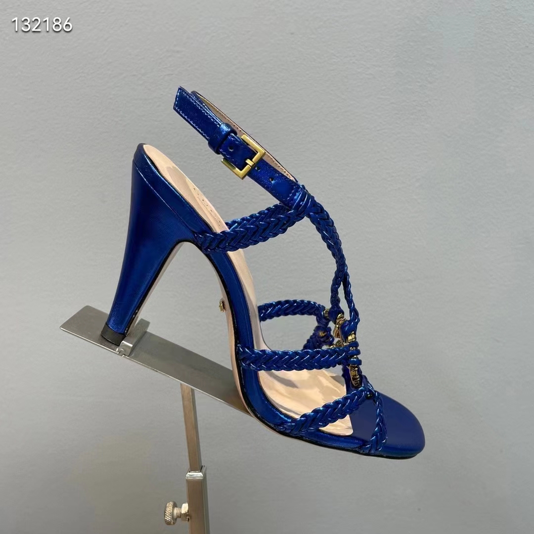 Gucci Women GG Cystal Interlocking G Sandal Blue Metallic Braided High 9 CM Heel