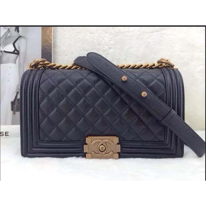 Chanel Women CC Boy Flap Handbag Chevron Quilted Calfskin Leather Navy Blue