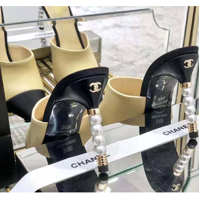 Chanel Women Mules Lambskin & Grosgrain 8 cm Heel-Beige