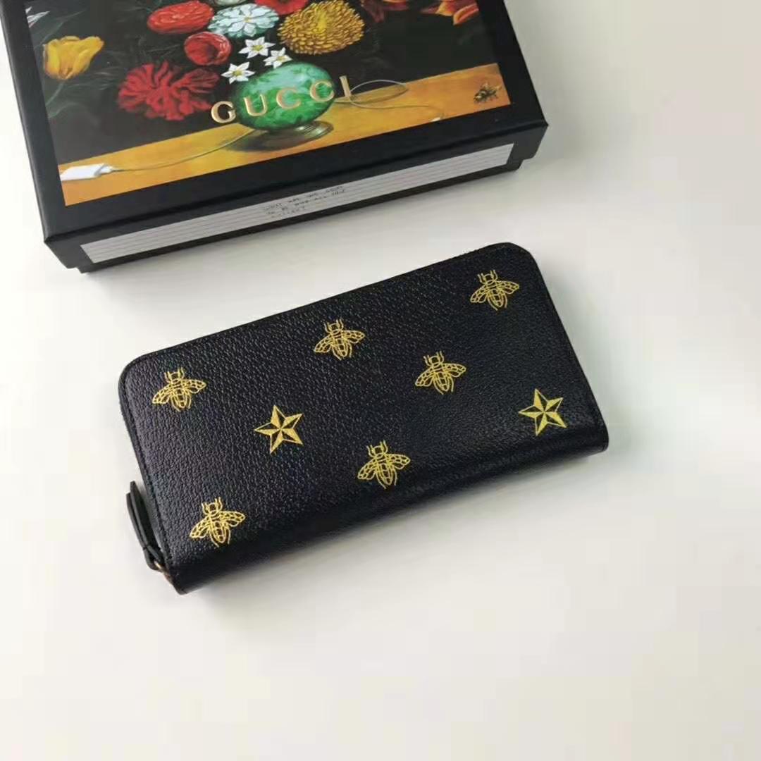 Gucci GG Unisex Bee Star Leather Zip Around Wallet in Black Metal-Free Tanned Leather