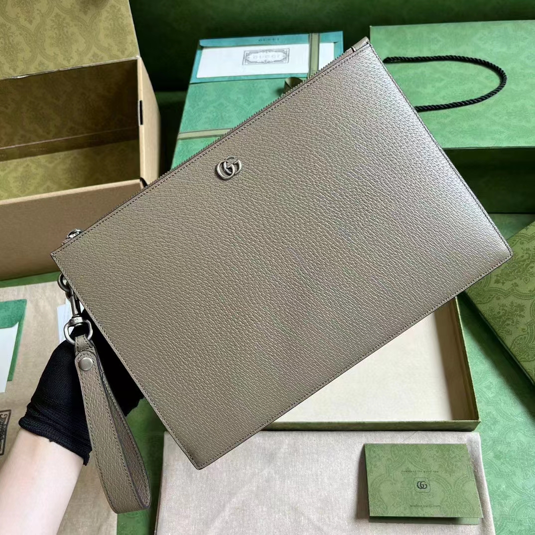 Gucci Unisex GG Marmont Pouch Taupe Leather Six Card Slots One Open Pocket