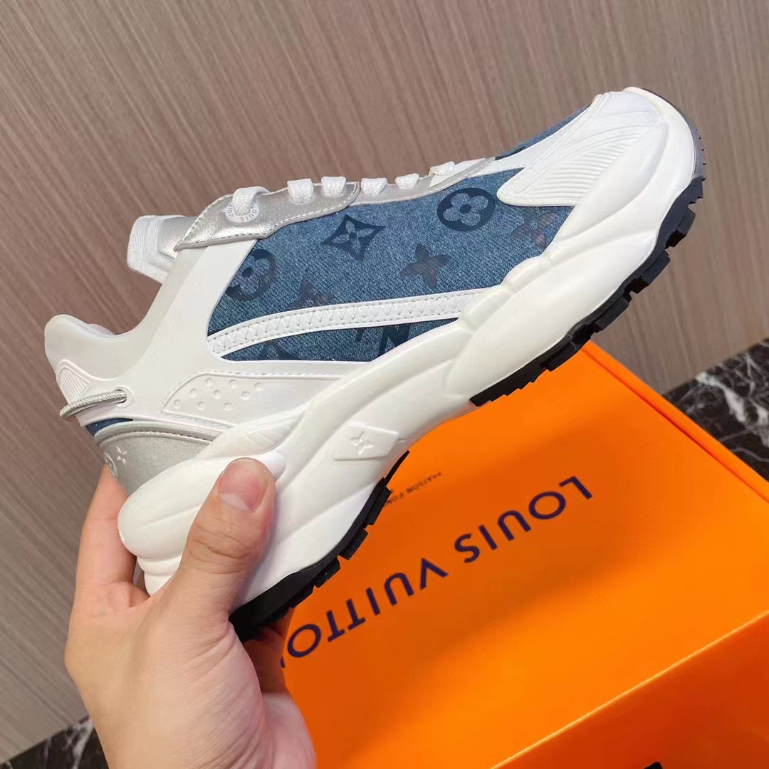 Louis Vuitton Unisex Run 55 Sneaker Denim Blue Monogram Flowers Lifted Rubber LV Circle Initials