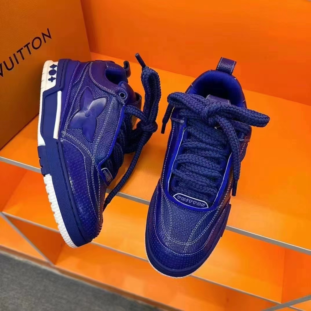Louis Vuitton Unisex LV Skate Sneaker Blue Grained Calf Leather Double Laces Rubber Outsole