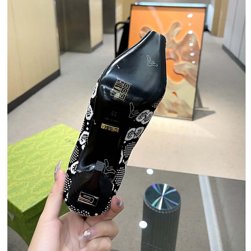 Gucci Women GG Knit Ankle Boots Black White GG Technical Fabric Leather Mid-Heel