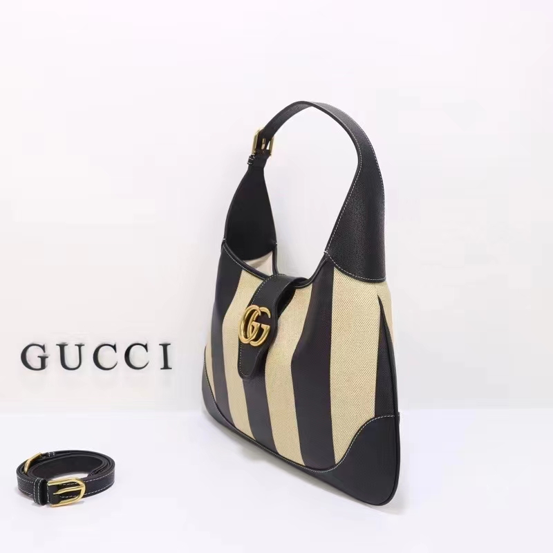 Gucci Women GG Aphrodite Medium Shoulder Bag Beige Black Cotton Canvas Black Leather