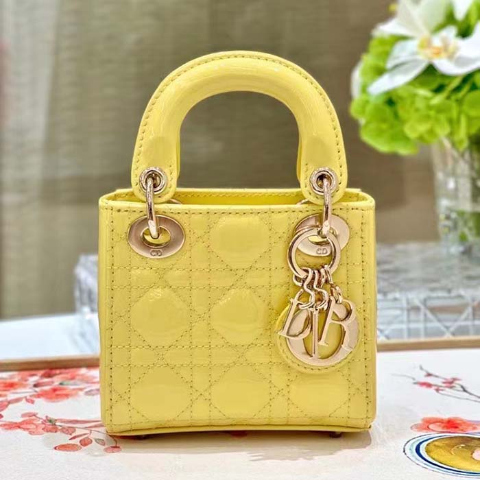 Dior Women CD Mini Lady Dior Bag Yellow Patent Cannage Lambskin