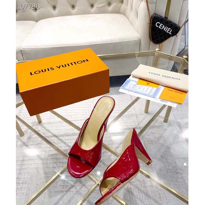 Louis Vuitton LV Women Super Mule Red Monogram-Debossed Patent Calf Leather 10 CM Heel