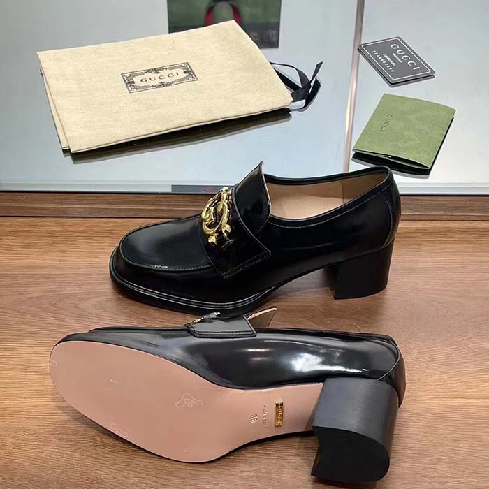 Gucci Women GG Loafer Interlocking G Shiny Black Leather Mid 6 Cm Heel