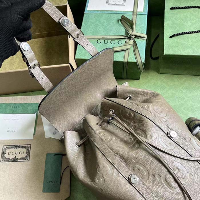 Gucci Unisex Jumbo GG Backpack Taupe Leather Cotton Linen