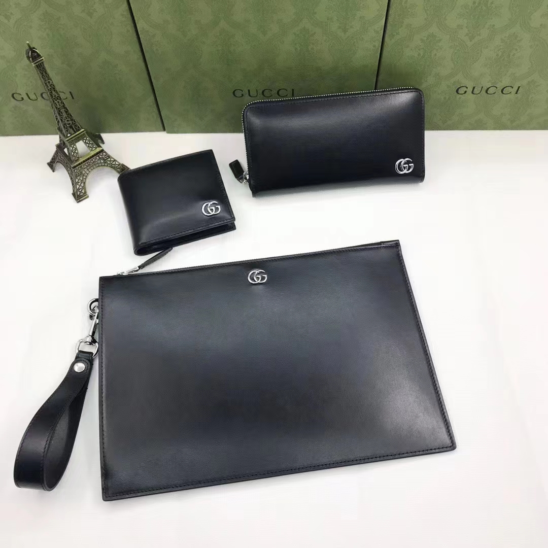 Gucci Unisex GG Marmont Leather Bi-Fold Wallet Black Smooth Leather Double G