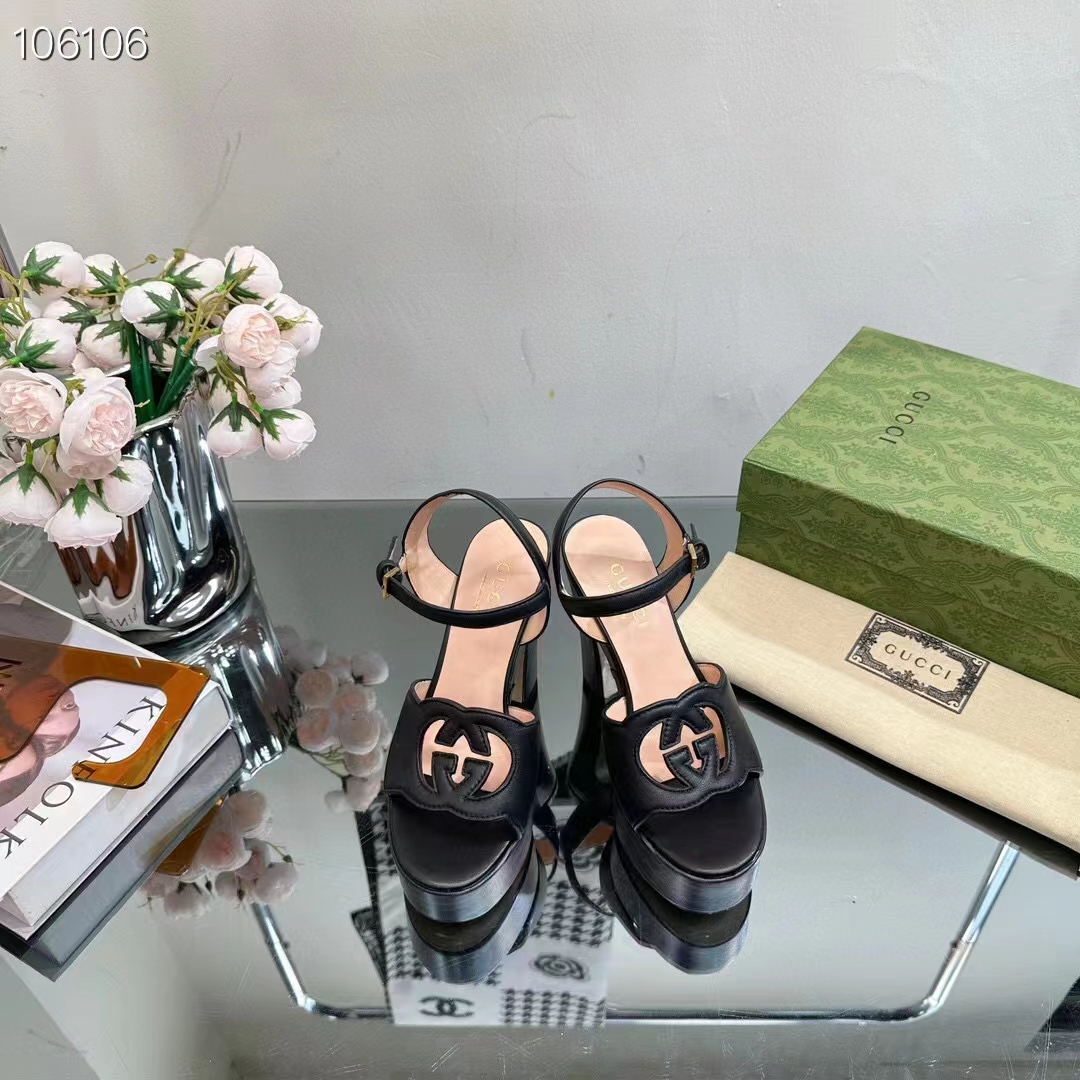 Gucci Women GG Interlocking G Sandal Black Leather Wooden High 12 CM Heel