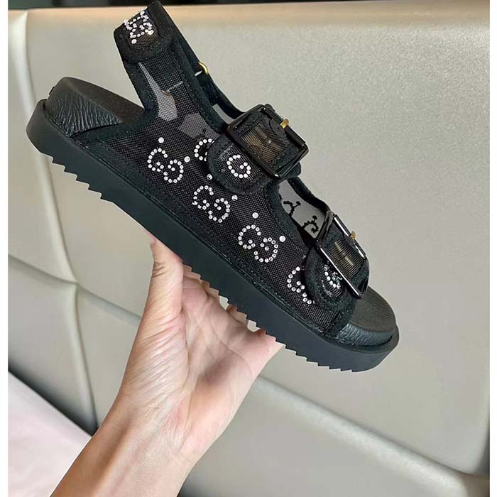 Gucci Women GG Sandal Crystals Black Mesh Tonal Suede Rubber Sole Flat