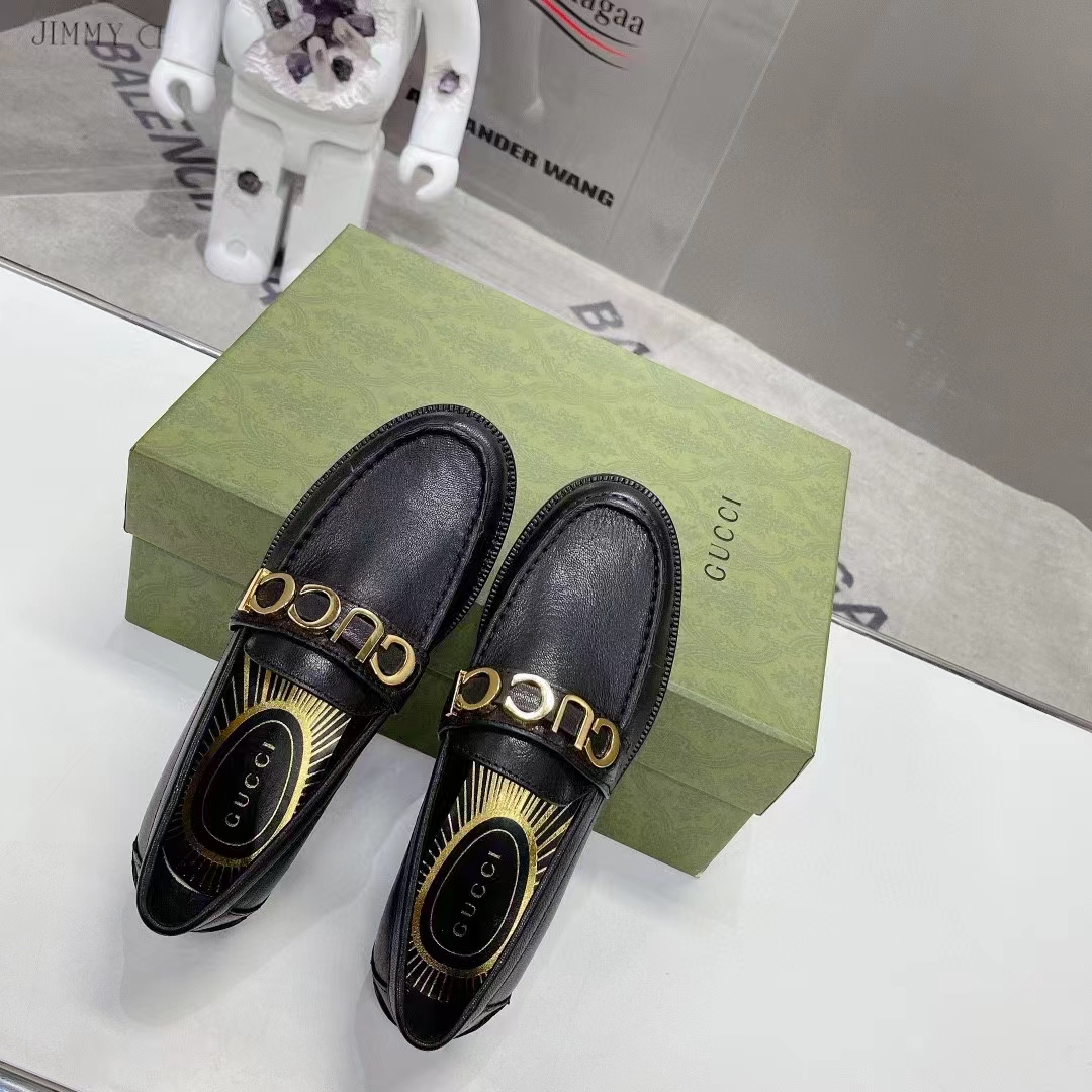 Gucci Women GG Leather Loafer Black Metal Logo Metallic Sunray Print Low Heel