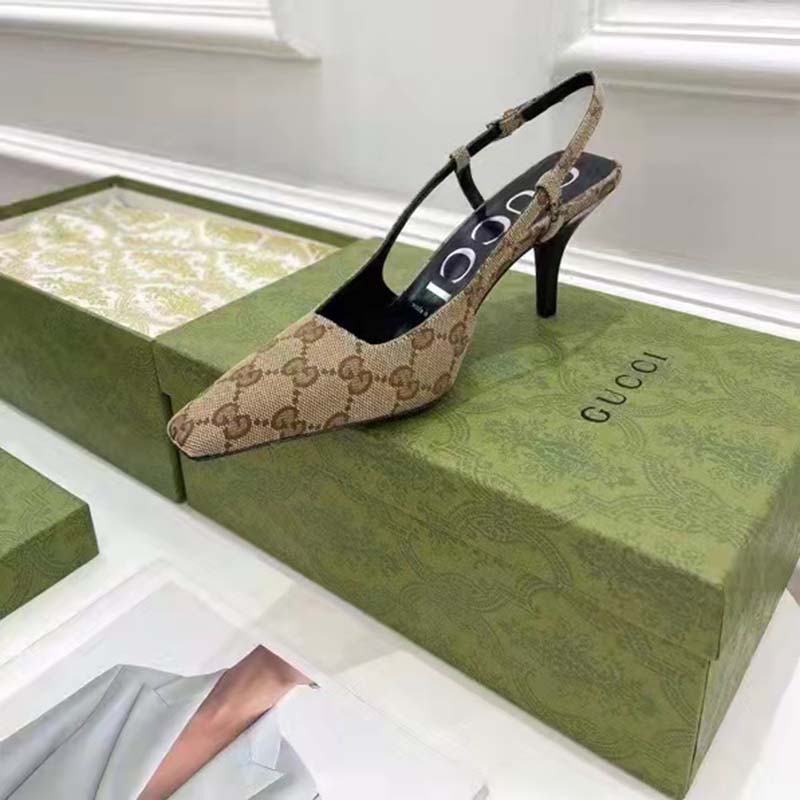 Gucci Women’s GG Slingback Pump Beige Ebony Original GG Canvas 7.5 cm Heel