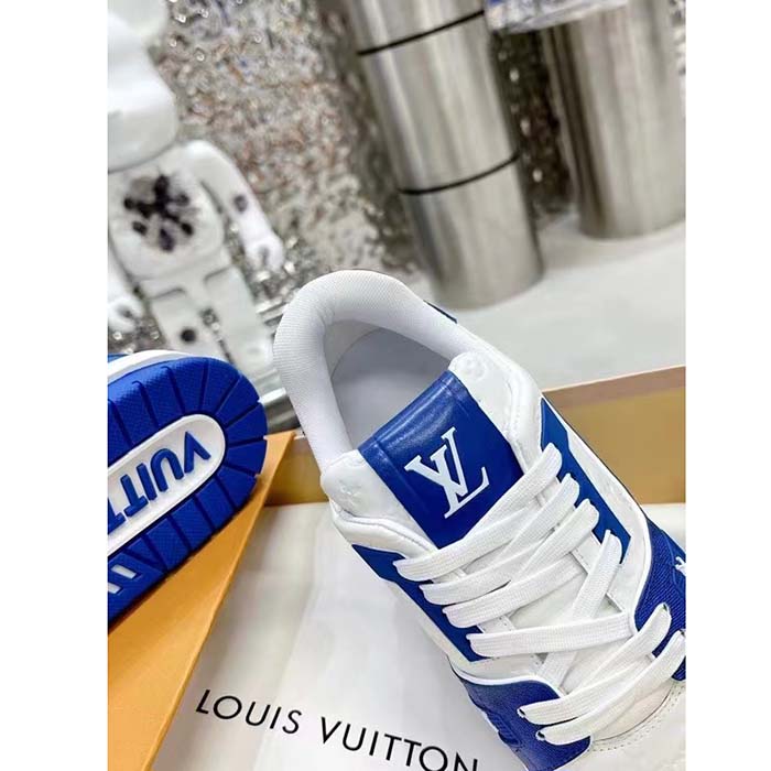 Louis Vuitton Unisex LV Trainer Sneaker Blue Mini Monogram Embossed Calf Leather