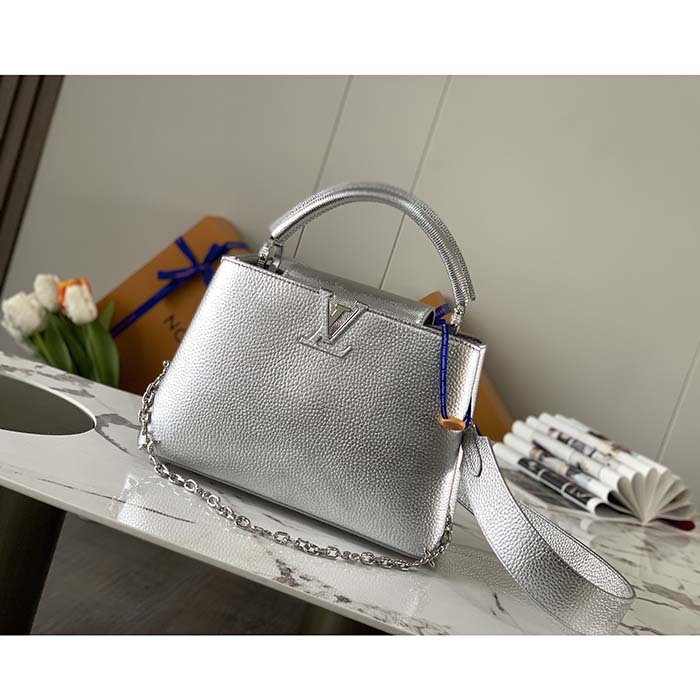 Louis Vuitton LV Women Capucines BB Handbag Etain Metallic Gray Taurillon Leather