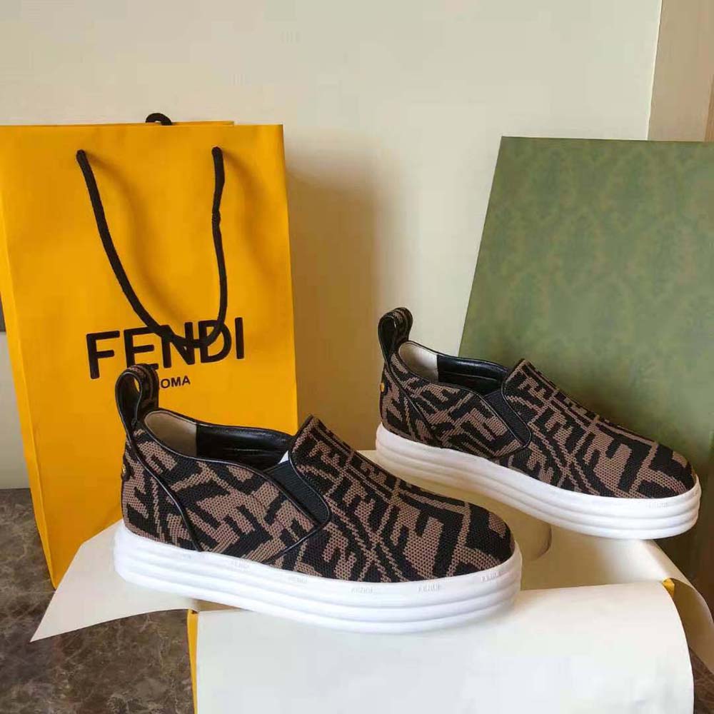 Fendi Women Rise Brown Fabric Slip Ons