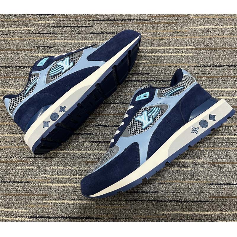 Louis Vuitton Unisex Run Away Sneaker Blue Mesh Suede Calf Leather Monogram Flowers