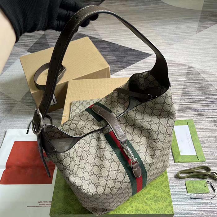 Gucci Unisex Jackie 1961 Small Shoulder Bag Beige Ebony GG Supreme Piston Closure