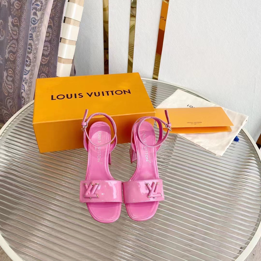 Louis Vuitton LV Women Shake Sandal Pink Patent Calf Leather 9.5 Cm Heel