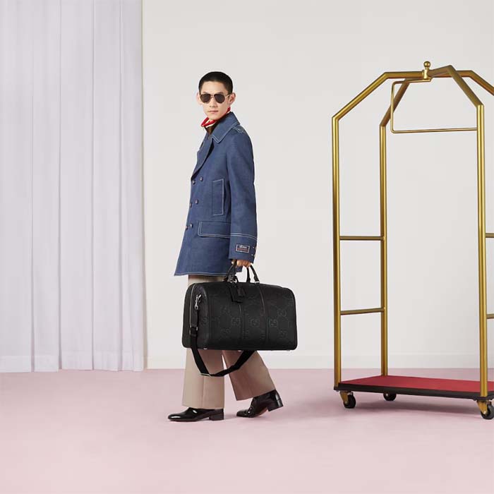Gucci Unisex Jumbo GG Large Duffle Bag Black Leather Double G Zip Closure