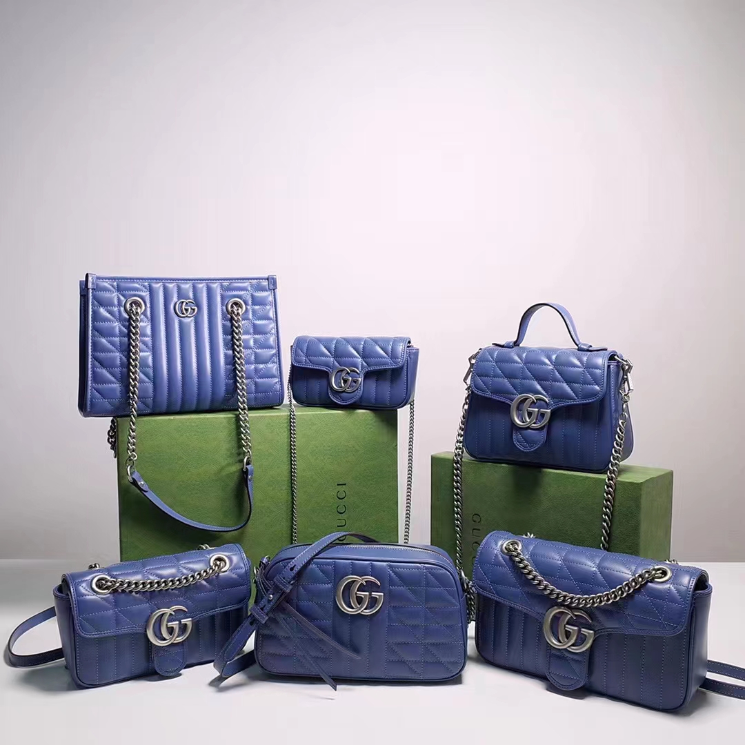 Gucci Women GG Marmont Super Mini Bag Blue Matelassé Leather Double G